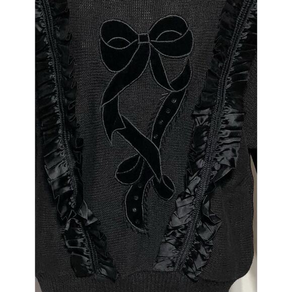 Vintage Bonnie & Bill Sweater S Blk Bead Satin Ruffles Ribbons Holiday Christmas - Picture 2 of 7